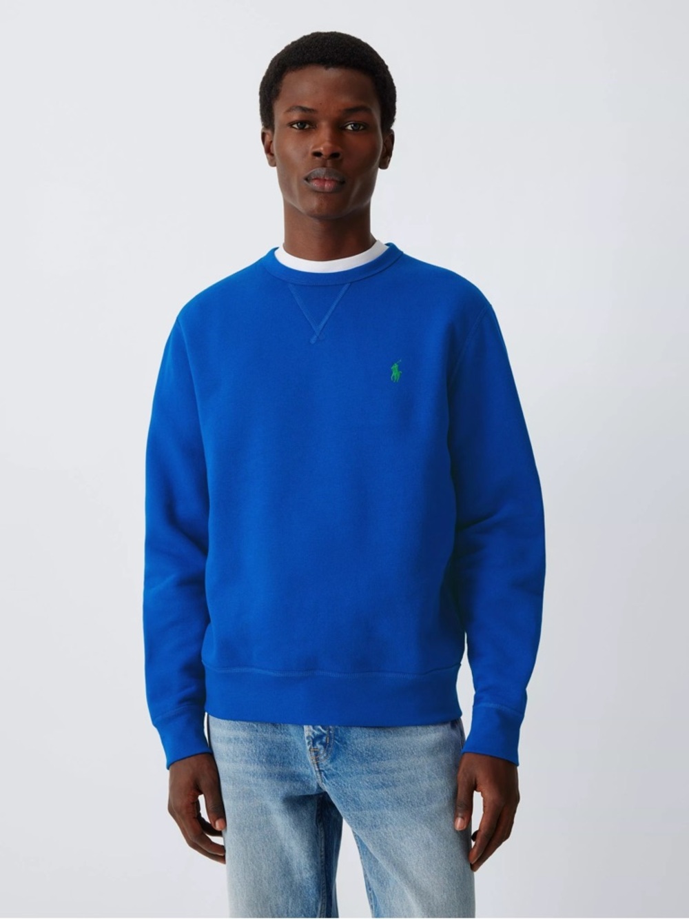 Ralph Lauren Men's Cobalt Blue Crewneck Sweatshirt with Lime Polo logo